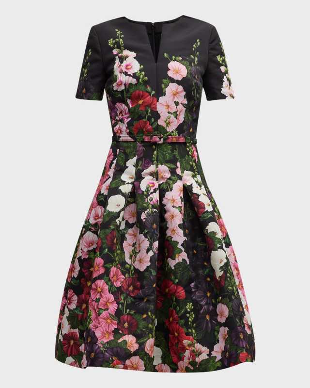 Hollyhocks-Print Pleated Belted Short-Sleeve Faille Dress